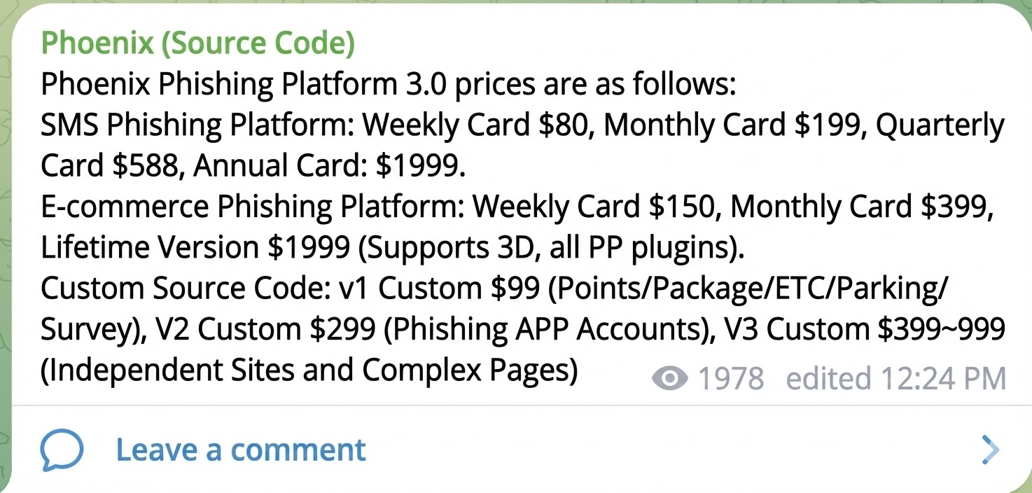 Figure 22: Phoenix Phishing kit price (with English translation). Figure 22: Phoenix Phishing kit price (with English translation).