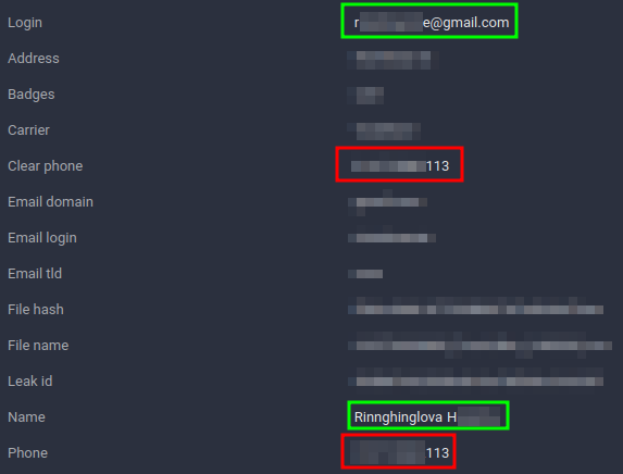 Figure 23. Truecaller 2022 leak record showing matching email address and name with inconsistent data. 