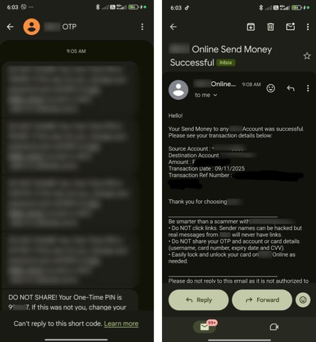 Figure 23. A screenshot provided by a victim, showing that funds were withdrawn from their account within minutes of submitting their OTP.