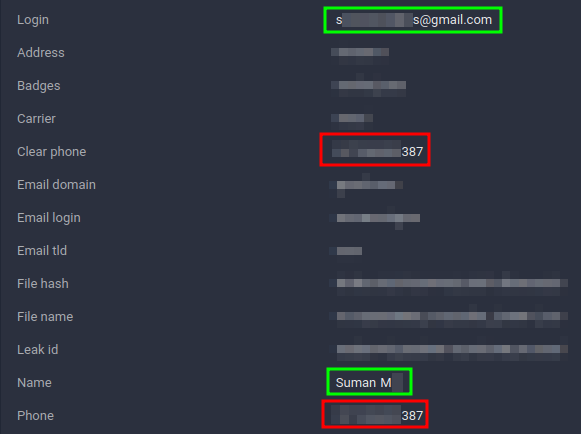 Figure 24. Truecaller 2022 leak record showing matching email address and name with inconsistent data. 