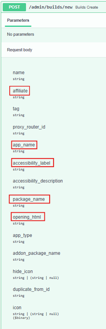 Figure 24. API for building samples has a field for tracking affiliates.