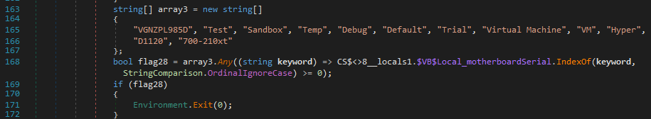 Figure 25. Code snippet of malware checking certain motherboard strings.