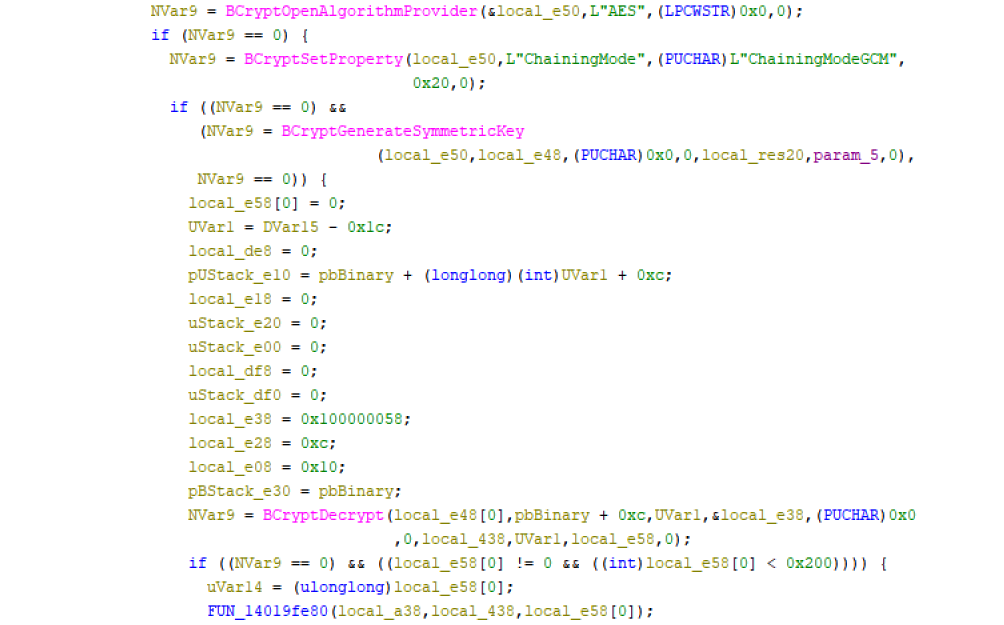 Figure 25. Code snippet to handle AES-GCM (Advanced Encryption Standard in Galois/Counter Mode) using ChainingMode.