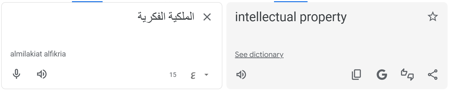 Figure 28. Google Translate – Arabic to English translation of “الملكية الفكرية”.