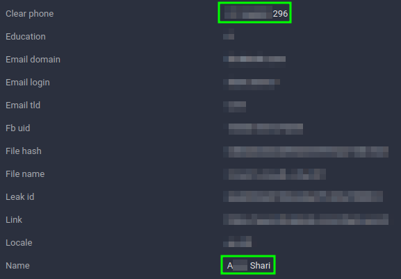 Figure 29. Facebook 2021 leak record showing matching phone number and name. 