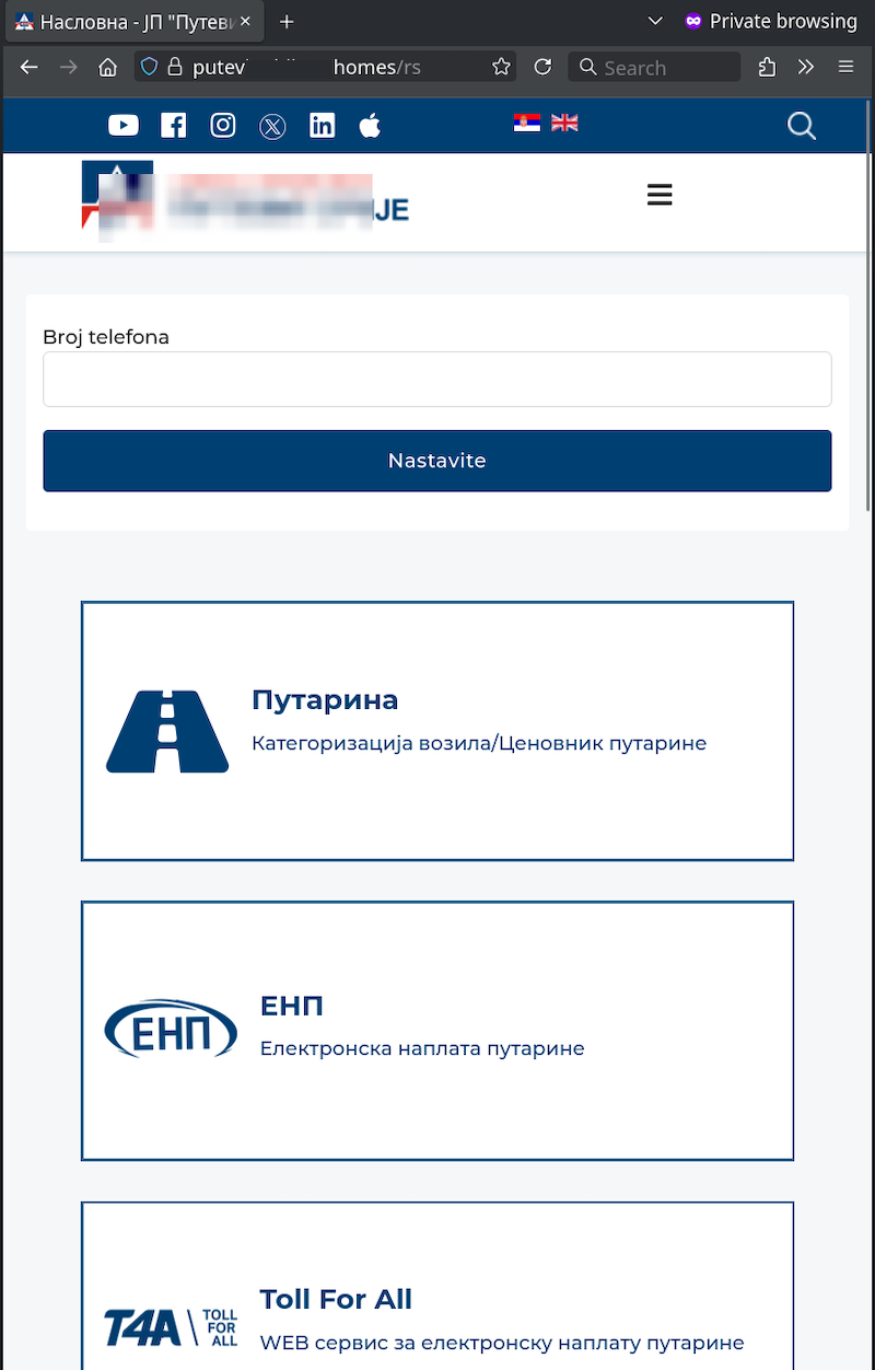 Figure 2: Example of the phishing website landing page impersonating Serbia’s state road authority. Figure 2: Example of the phishing website landing page impersonating Serbia’s state road authority.