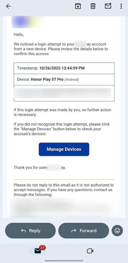 Figure 2. Phishing email about a suspicious login from a new device.