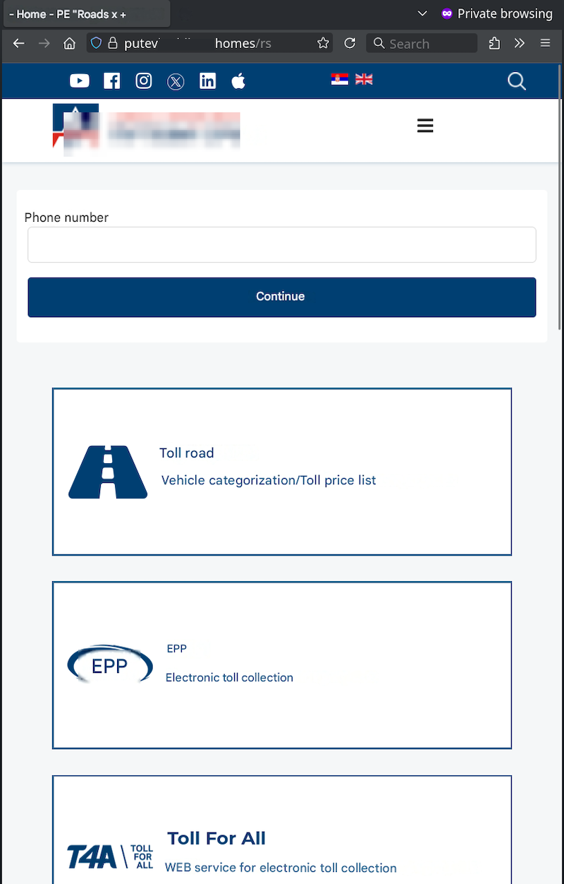 Figure 2: Example of the phishing website landing page impersonating Serbia’s state road authority. Figure 2: Example of the phishing website landing page impersonating Serbia’s state road authority.