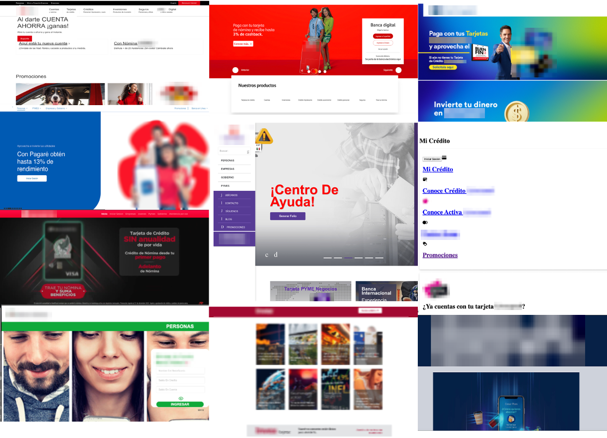 Figure 2: Examples of the impersonation landing pages targeting financial institutions.