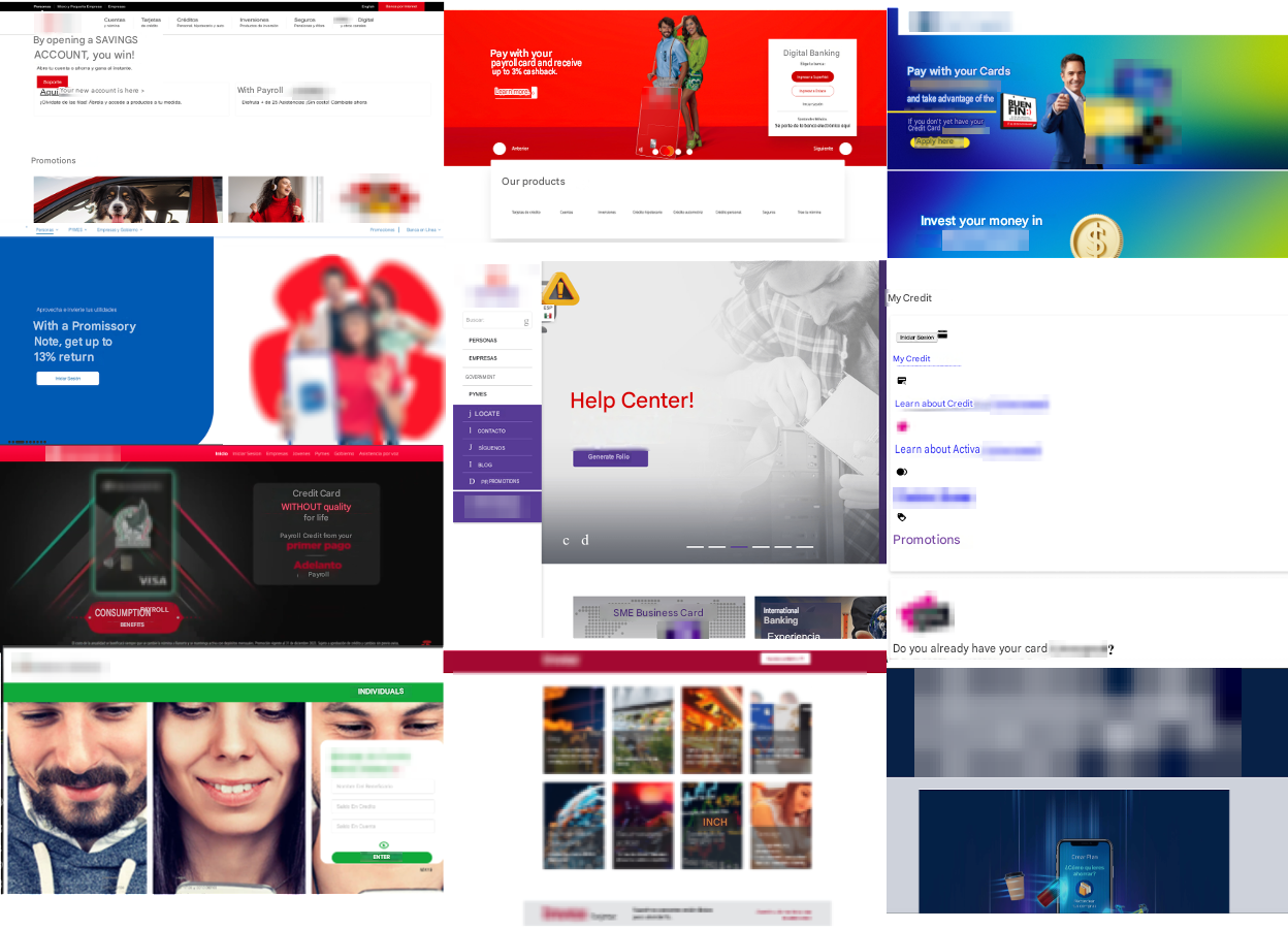 Figure 2: Examples of the impersonation landing pages targeting financial institutions.