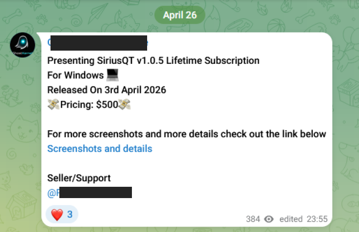 Figure 3. Example of a SiriusQT promotional Telegram post by GhostKernel.