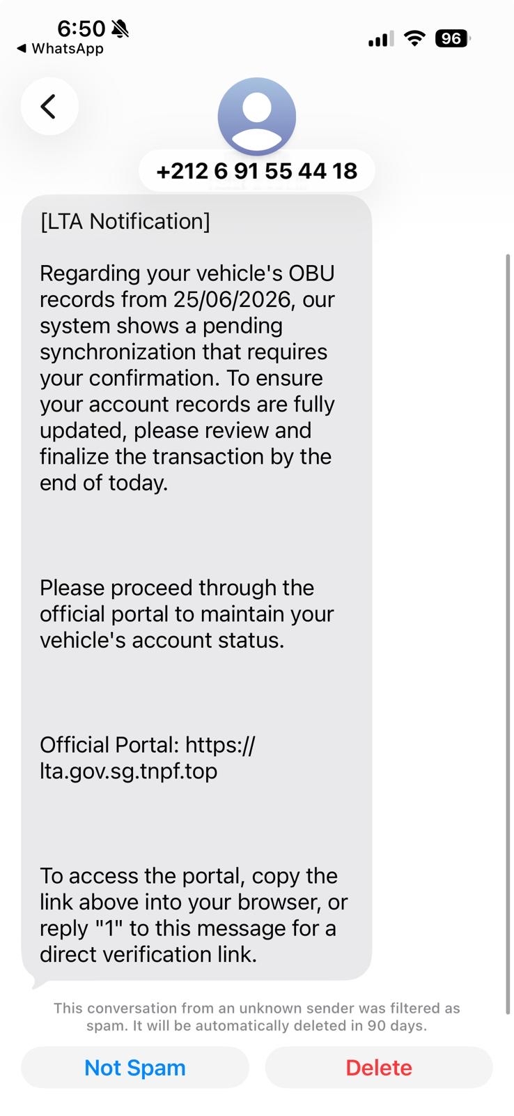Figure 3. Example of a smishing message received impersonating Singapore’s LTA.