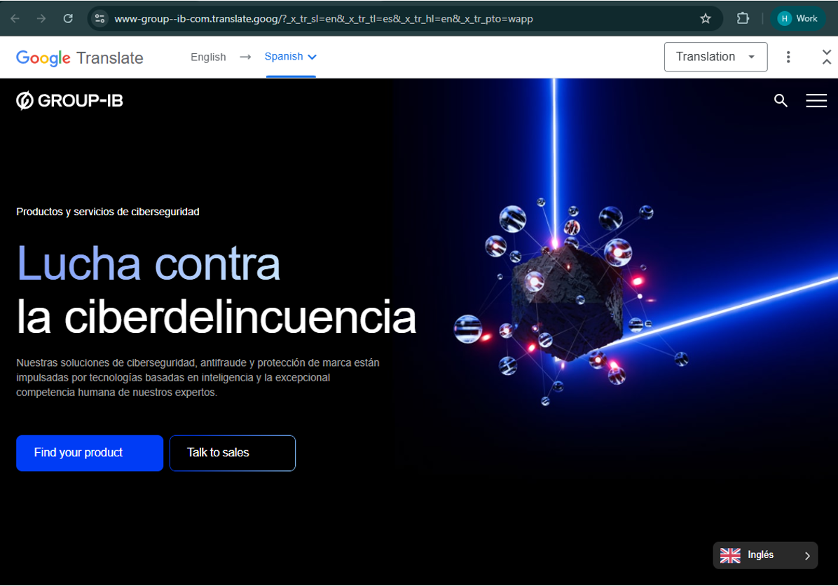 Imagen 3. Sitio web de Group-IB mostrado a través del proxy de Google Translate, presentando en el navegador la versión traducida del sitio original.