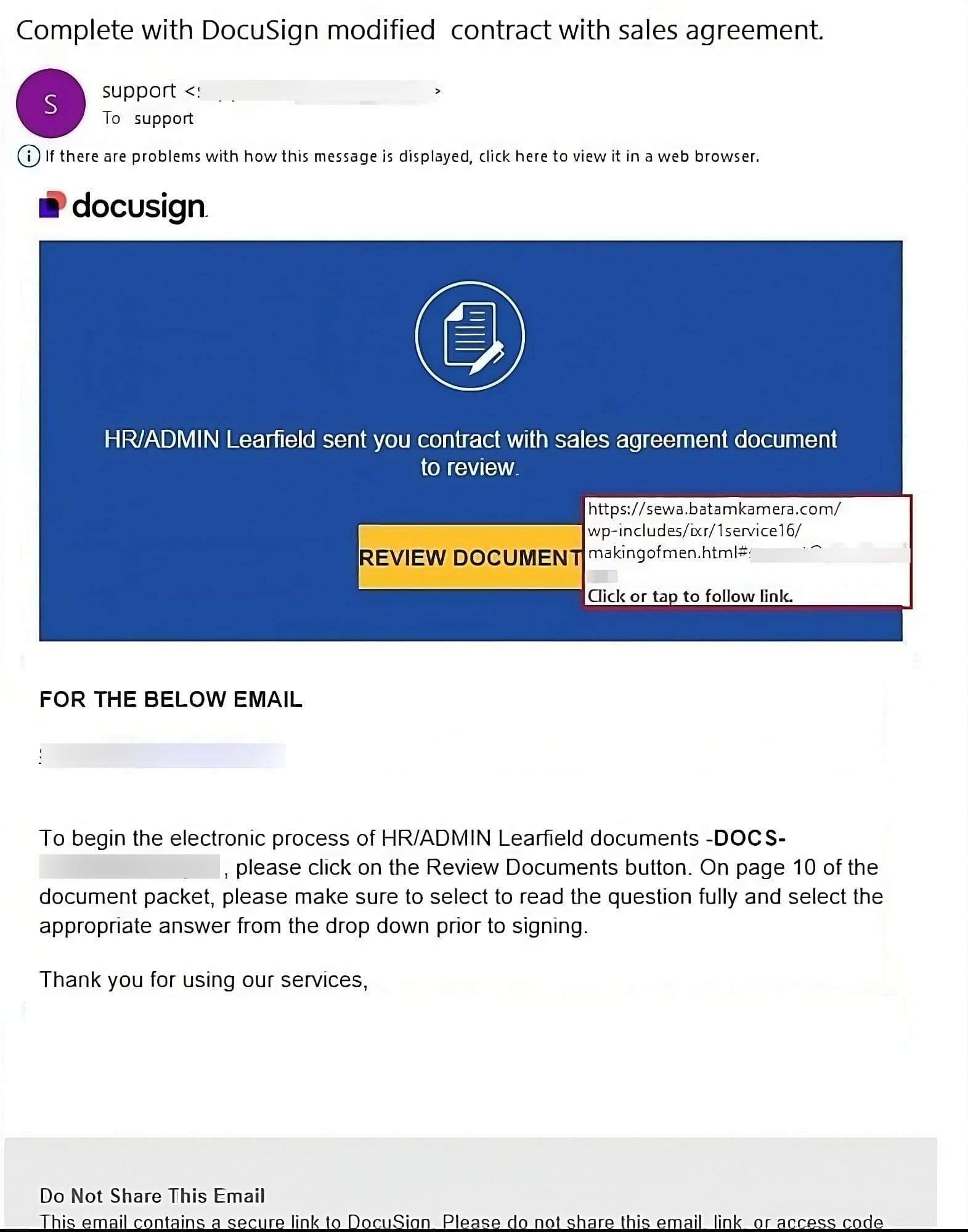Figure 3. Example of a phishing email impersonating DocuSign with a phishing link embedded inside