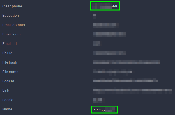 Figure 30. Facebook 2021 leak record showing matching phone number and name. 