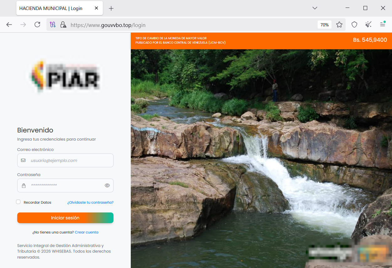 Figure 33. Phishing portal impersonating Municipality Piar.