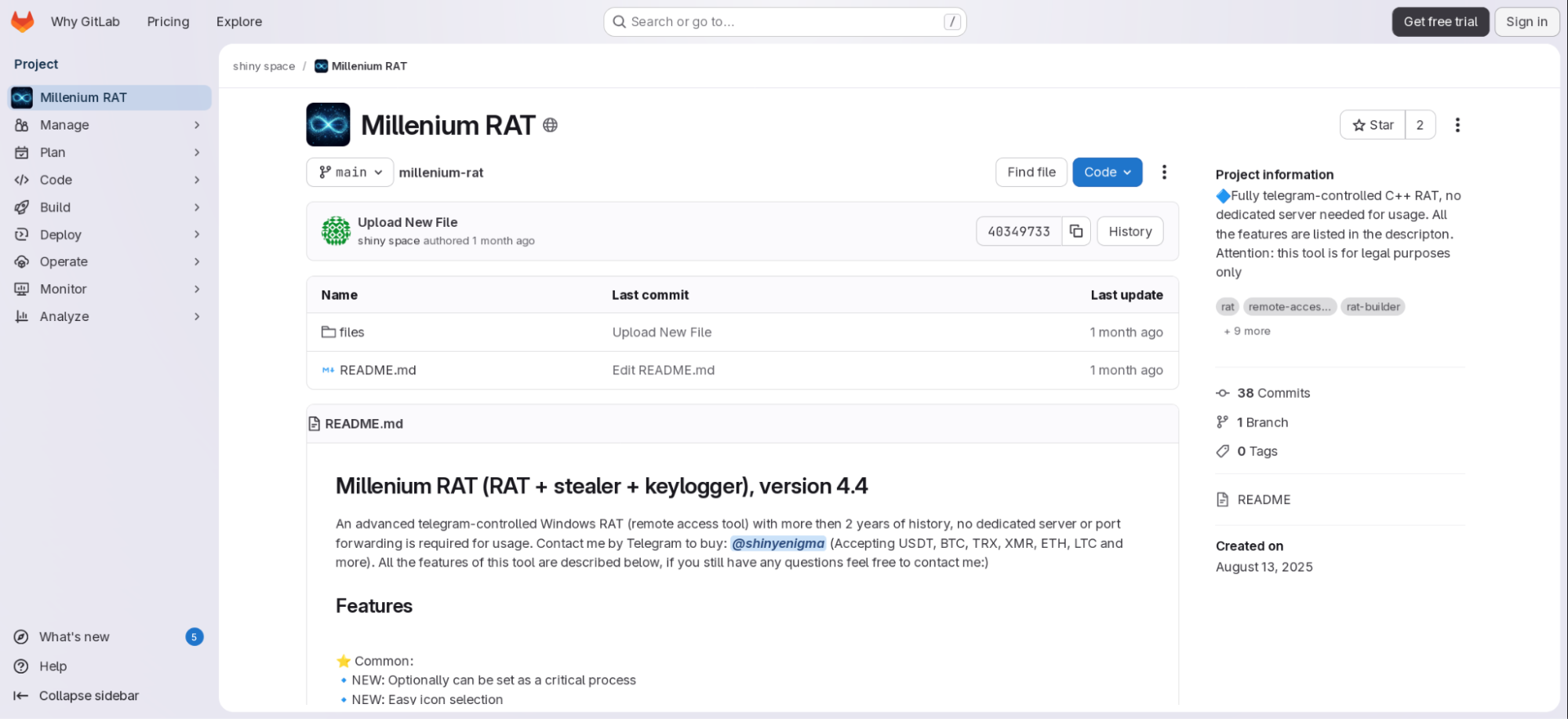 Figure 3. Examples of ShinyEnigma posting RAT advertisements in various git repository platforms. Figure 3. Examples of ShinyEnigma posting RAT advertisements in various git repository platforms.