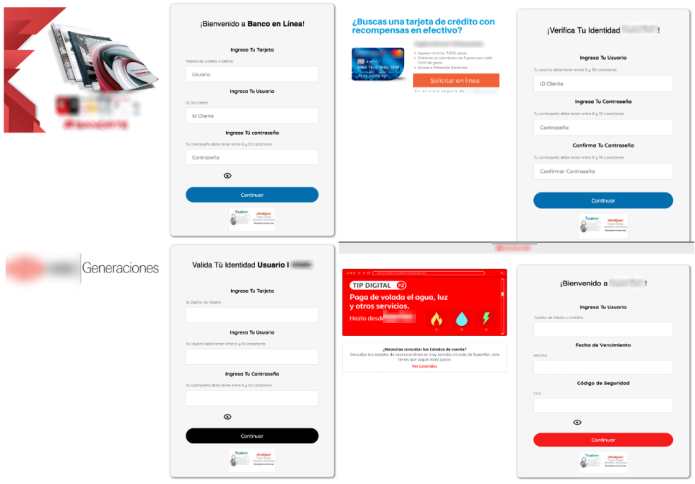 Figure 3: Impersonation landing pages targeting financial institutions.