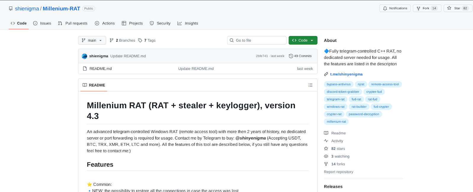 Figure 3. Examples of ShinyEnigma posting RAT advertisements in various git repository platforms. Figure 3. Examples of ShinyEnigma posting RAT advertisements in various git repository platforms.