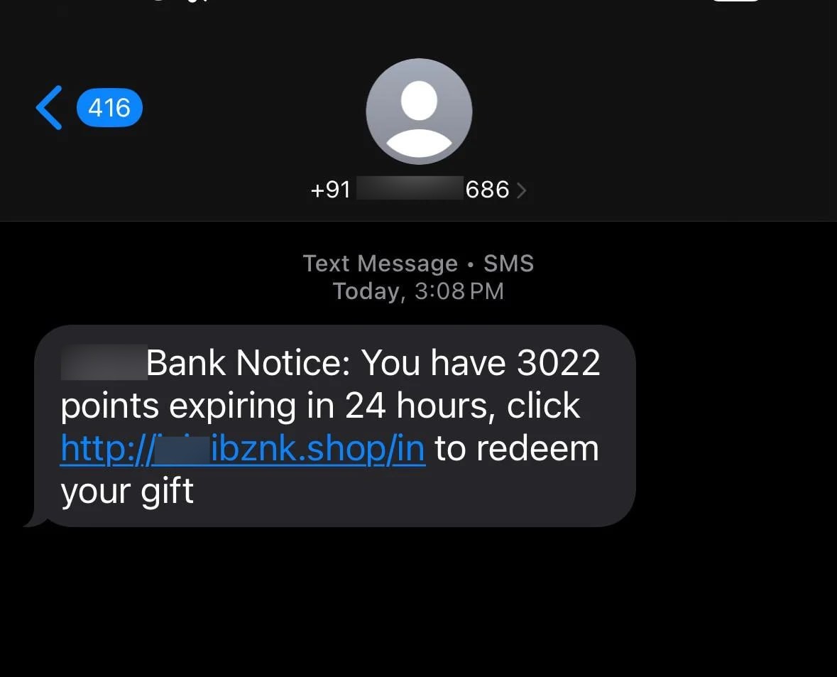 Figure 4. The campaign first utilized SMS text messages sent from a local number to impersonate a brand's reward program.