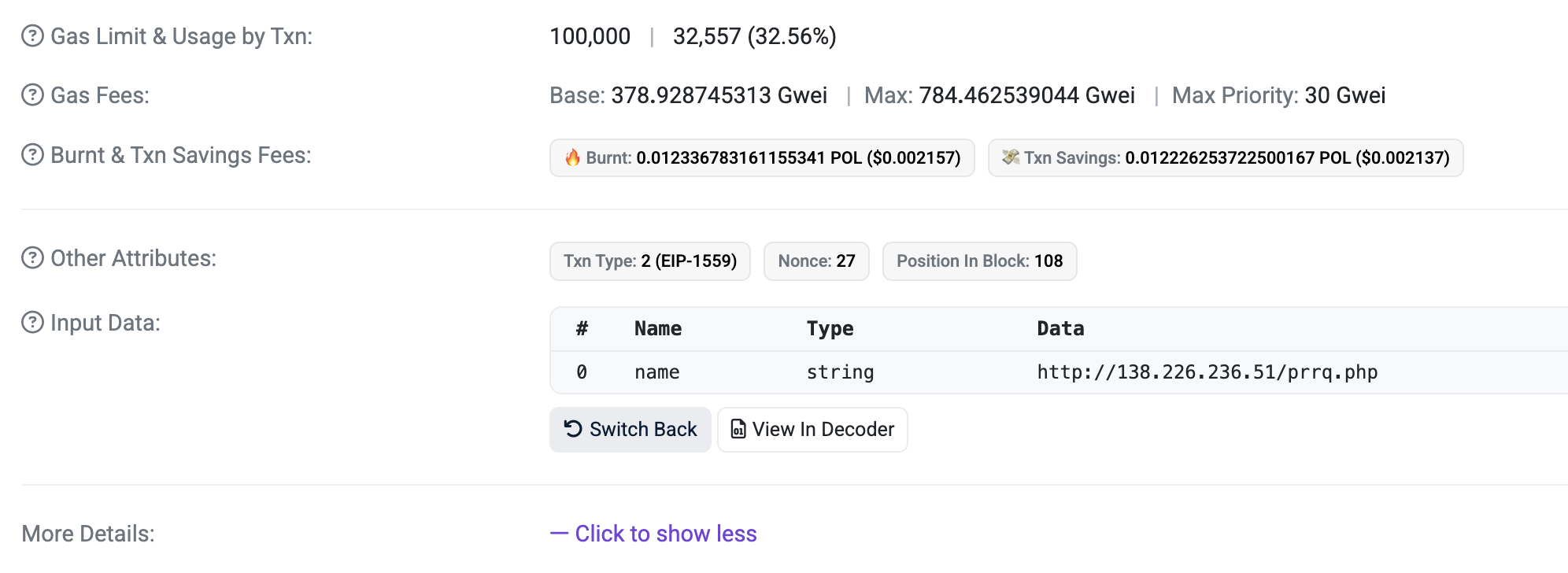 Figure 4. setProxy transaction of the smart contract passes a URL string.