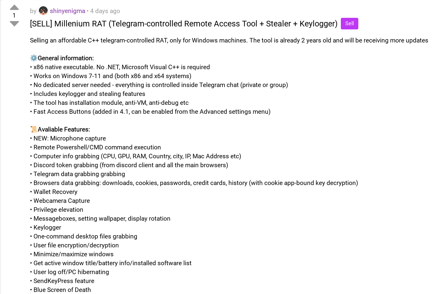 Figure 4. Example of Millenium RAT advertisement in the Dread forum.