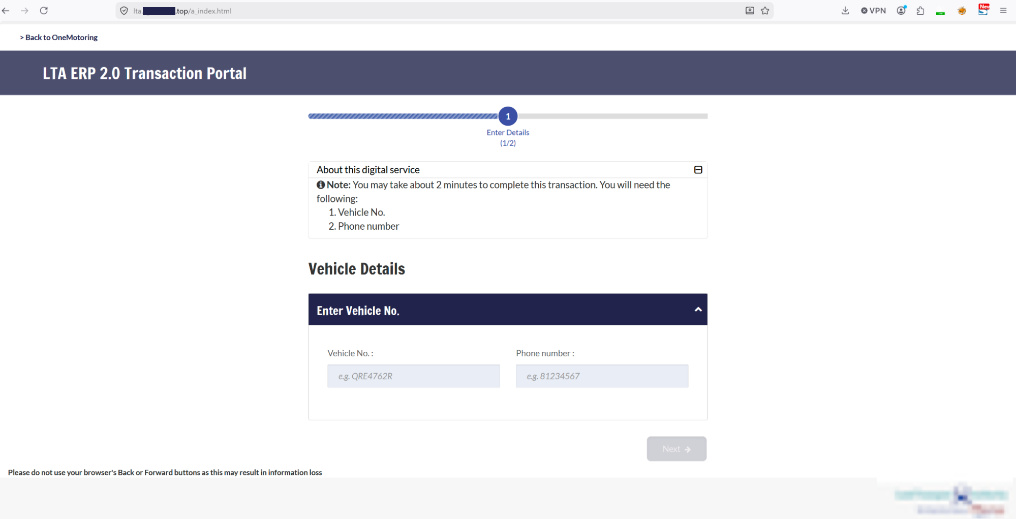 Figure 4. Landing page of the phishing site impersonating LTA’s online identity.