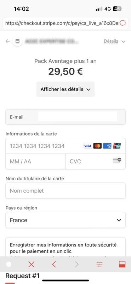 Figure 4. Payment is routed to a legitimate Stripe check out page.