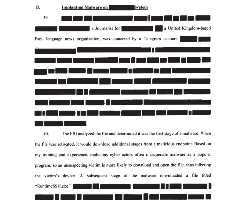 Figure 4. Mention of RuntimeSSH.exe in the March 19 2026 affidavit. (Source: United States Department of Justice)