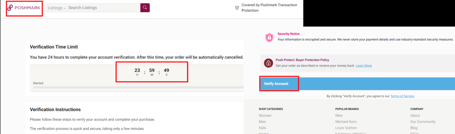 Figure 4. Phishing page impersonating Poshmark’s brand identity, using a countdown timer to pressure the recipient into completing an account verification step.