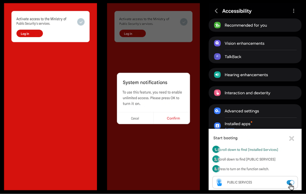 Figure 4: Example of RedHook’s guided Accessibility walkthrough (with English translation). Figure 4: Example of RedHook’s guided Accessibility walkthrough (with English translation).