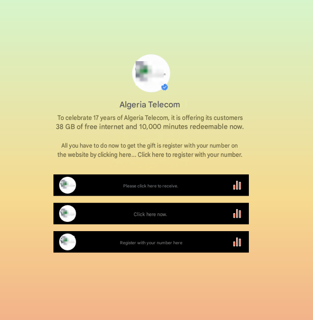 Figure 4: Examples of fake localized telecoms promotions offering free data. Figure 4: Examples of fake localized telecoms promotions offering free data.