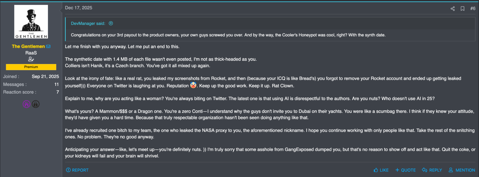 Figure 4b. Gentlemen's underground forum post about the conflict with Devman (Translated) Figure 4b. Gentlemen's underground forum post about the conflict with Devman (Translated)