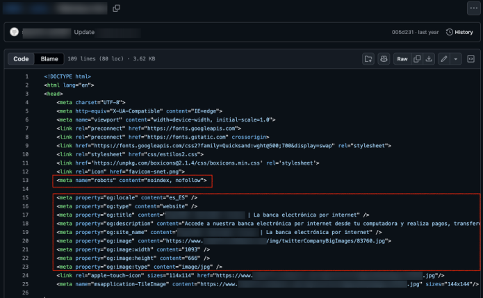 Figure 5: GitHub repository showing phishing HTML code with Open Graph tags for messaging app