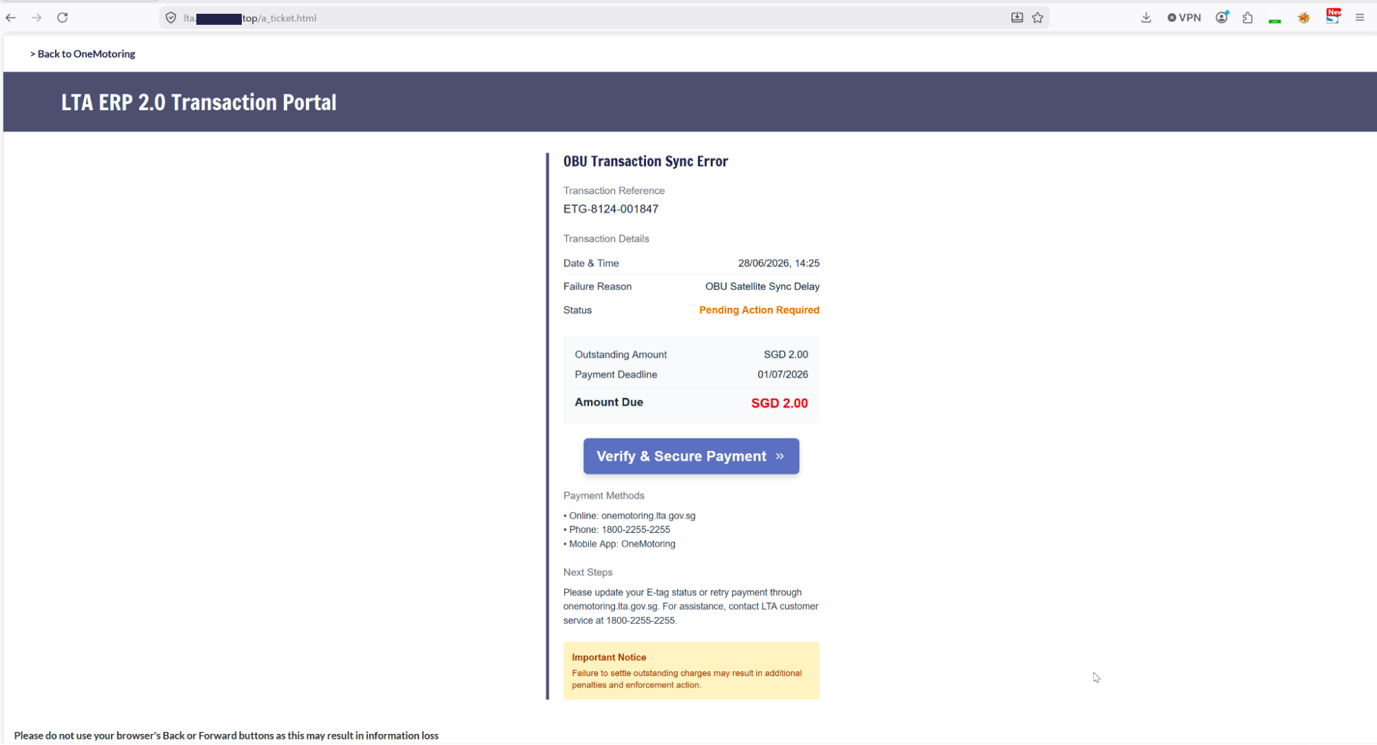 Figure 5. Example of the phishing page showcasing an error and request for payment.