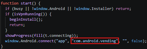 Figure 5. The WebView of the startup screen calls connect() and passes “com.android.vending” package as an argument.