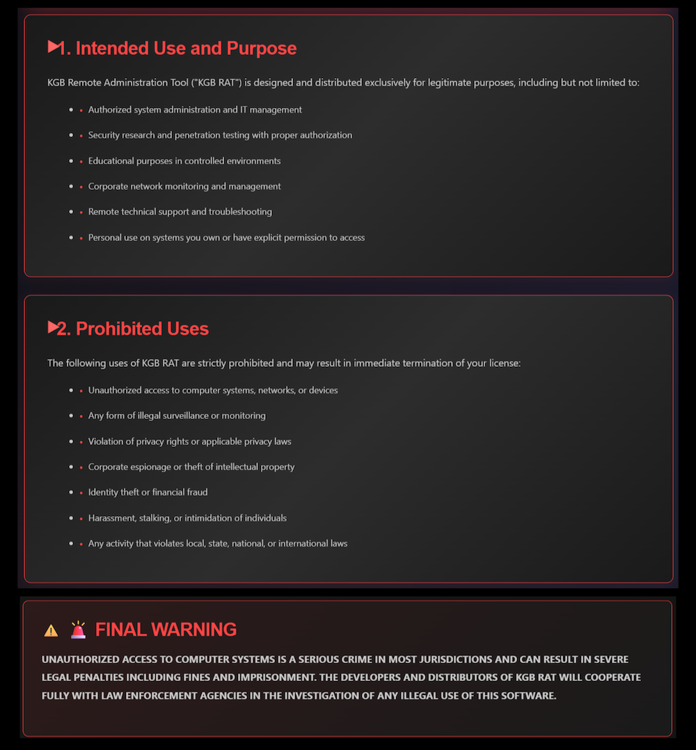 Figure 5. Warnings and disclaimers on the KGB RAT website.
