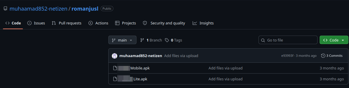Figure 5: Example of GitHub repositories being abused to host malicious APK files.