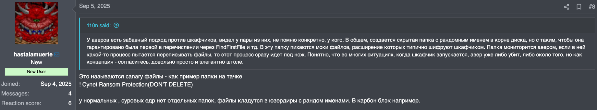 Figure 5. hastalamuerte’s forum post about canary files with mention “Ransom Protection(DON'T DELETE)”