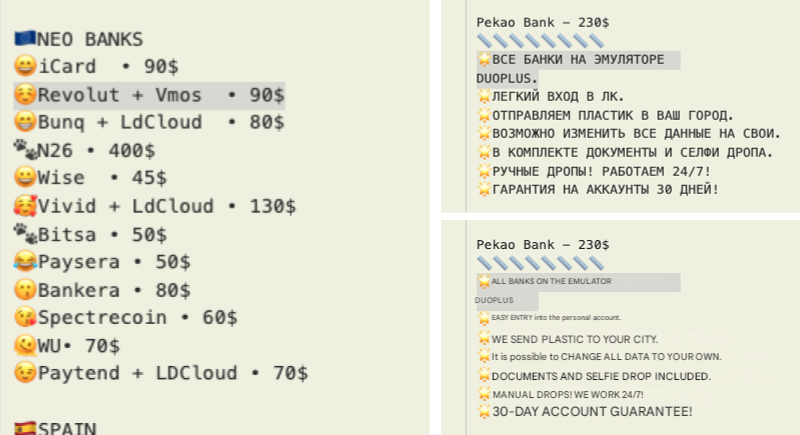 Figure 5. Cloud phones with pre-registered virtual wallets and bank cards on sale on darknet markets.