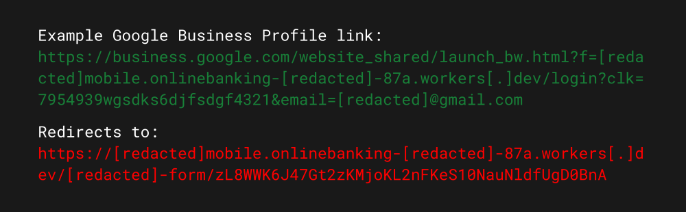 Figure 5. Example of a Google Business Profile redirect and the final malicious content destination.