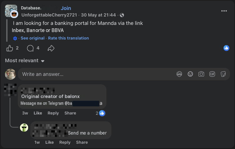 Imagen 5. Promoción del PhaaS en grupos de estafas de Facebook.