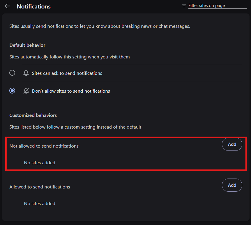 Figure 6: Browser notification settings showing where users can review and revoke notification permissions granted to suspicious websites.