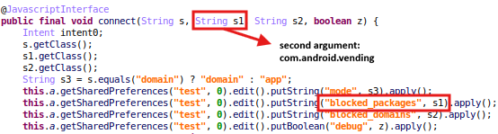 Figure 6. The handler method then adds “com.android.vending” to the list of blocked packages.