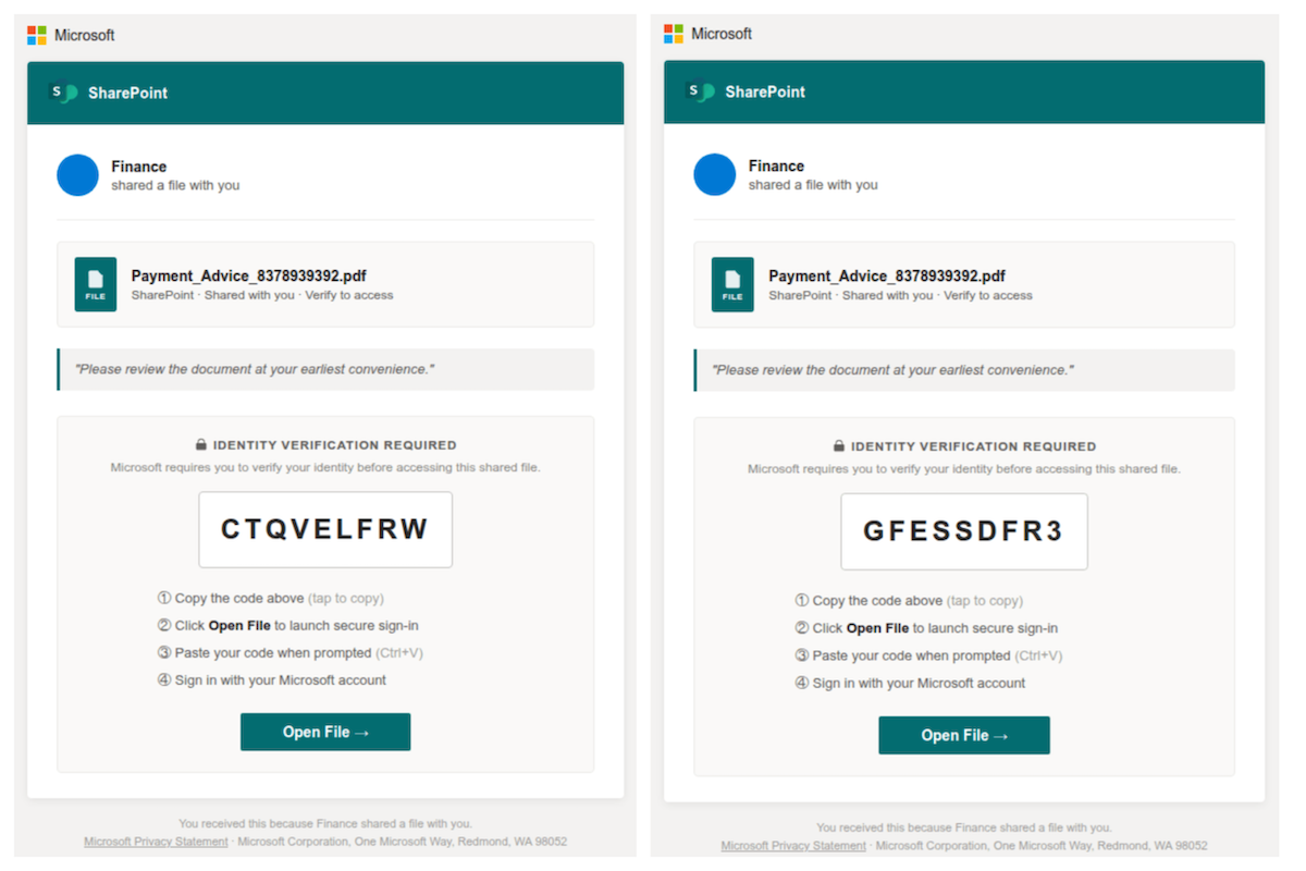 Figure 6. Presented Device Code is observed to be dynamically supplied rather than fixed in the phishing template.