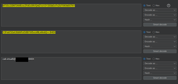 Imagen 6. Doble decodificación base64 del parametro de la url:WTJGc2JDNTJhWEowZFdGc09VQmlZVzV2Y25SbExtTnZiUT09OkI0STNY