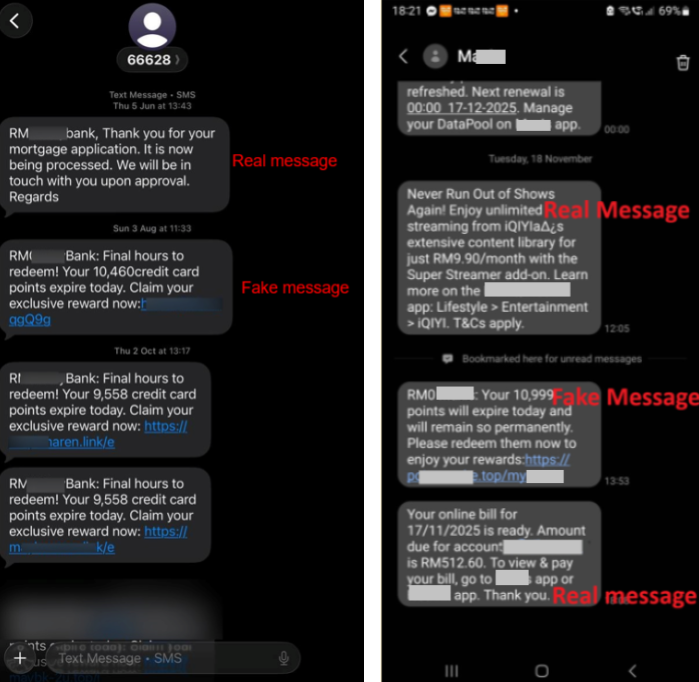 Figure 6. Comparison between a legitimate notification and a fraudulent smishing message.